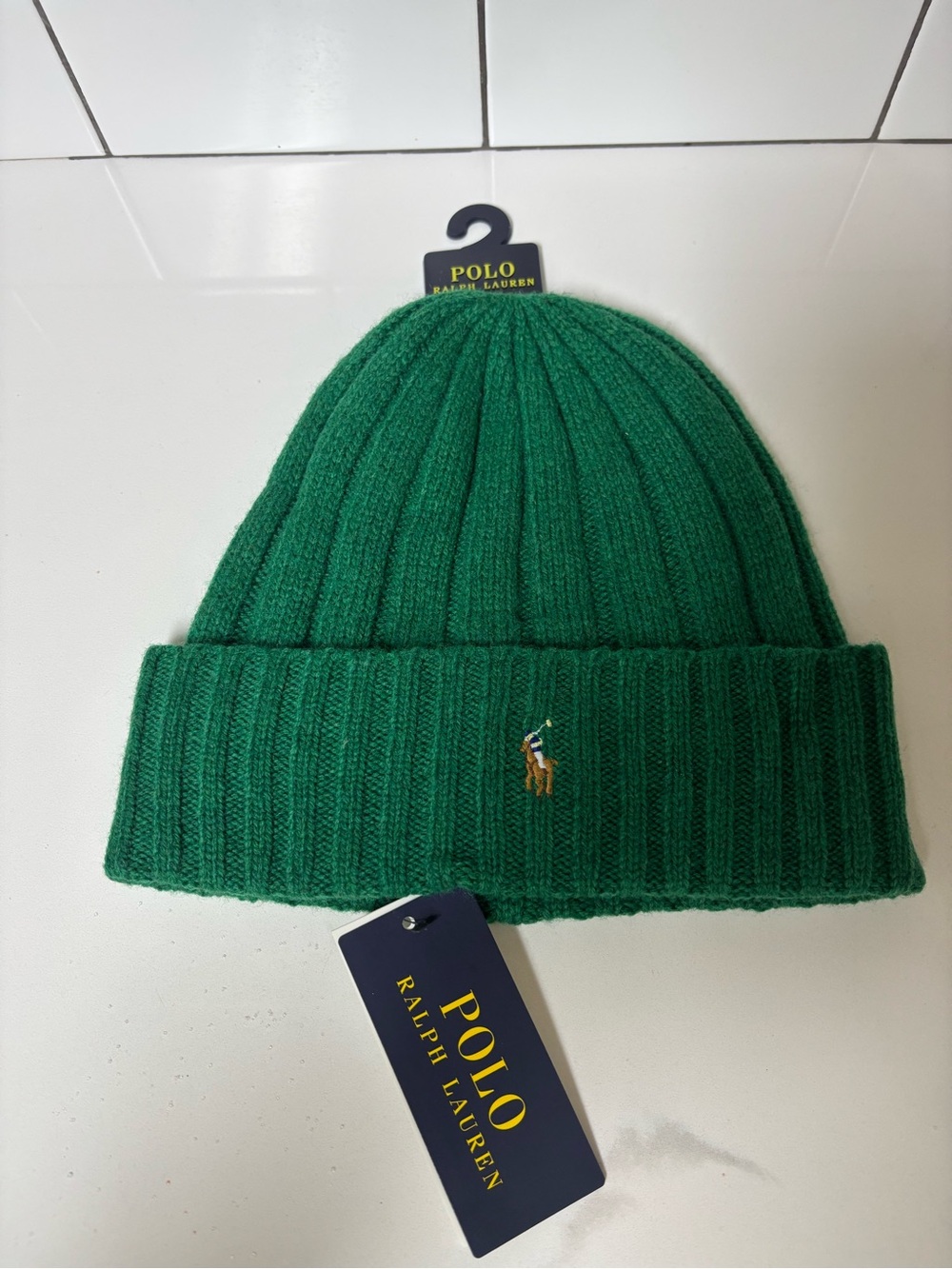 Polo by Ralph Lauren Green Ribbed Knit Beanie with Polo Pony